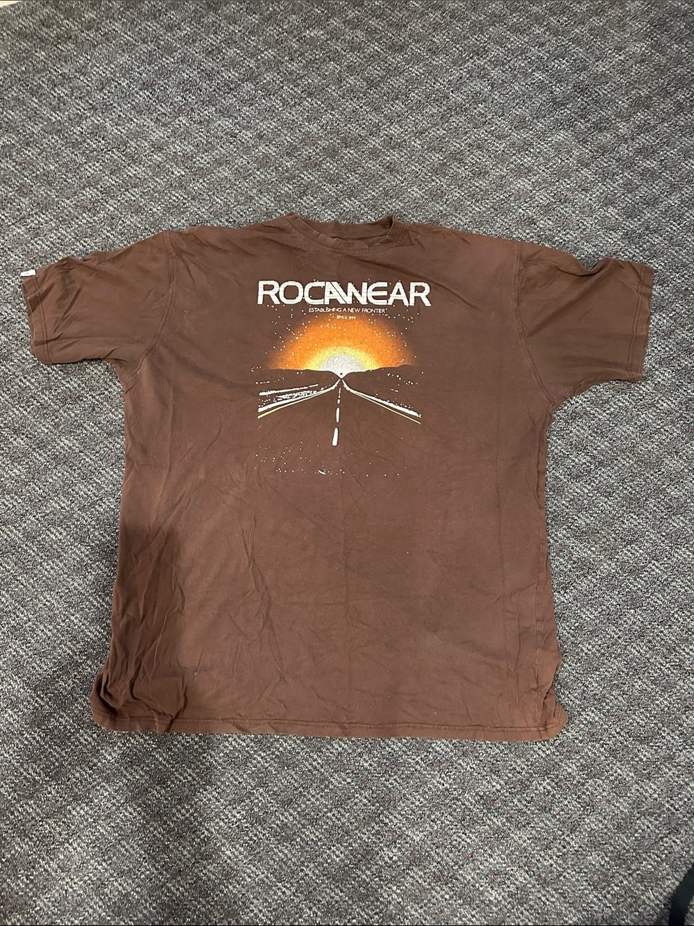 Vintage Rocawear Brown Tee with Road & Sunrise Graphic